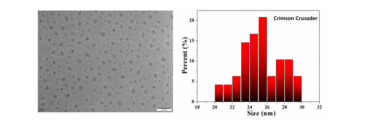 Fig. 4 Crimson Crusader image and particle size data under transmission electron microscopy